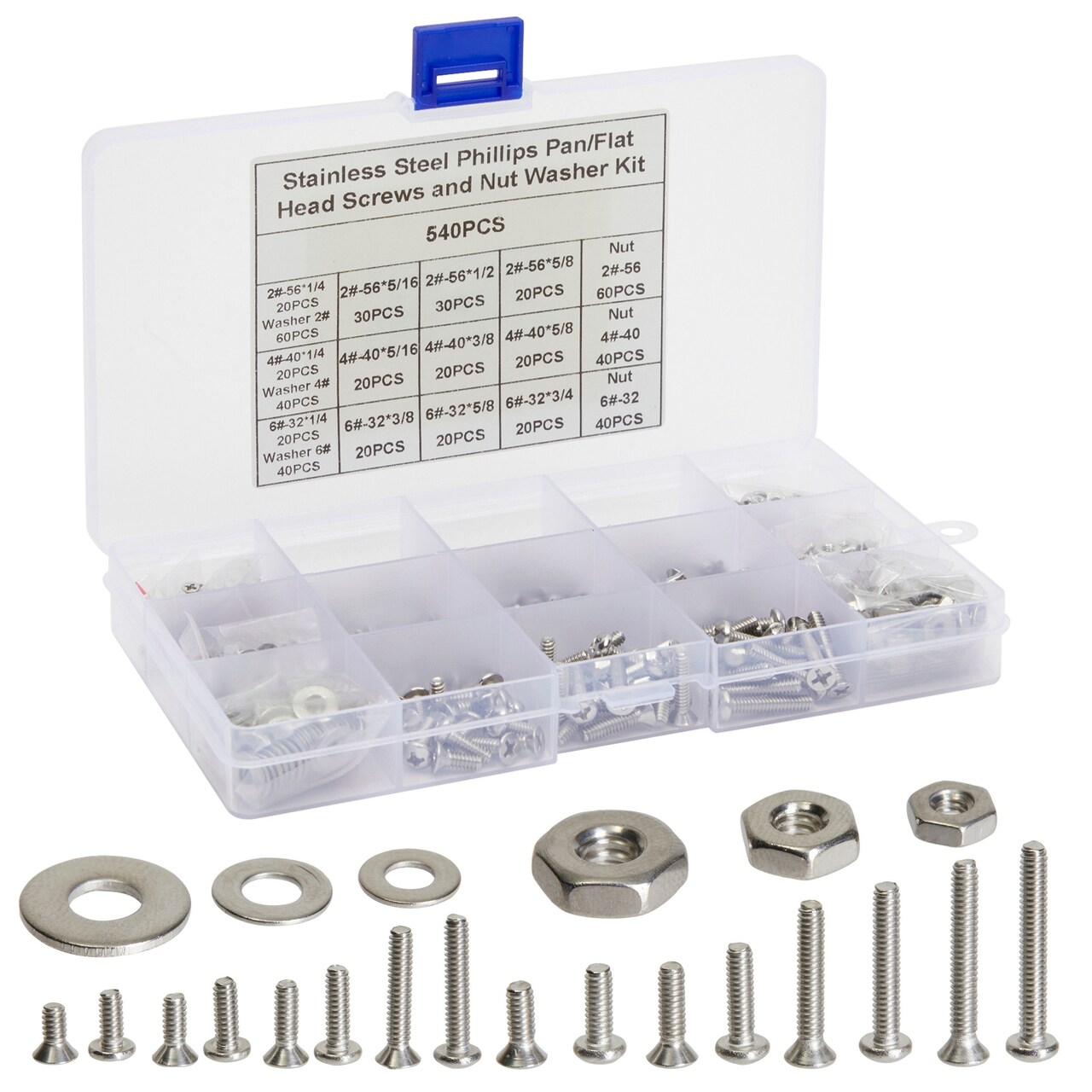 540 Pieces Stainless Steel Phillips Pan and Flat Head Machine Screws, Nuts, Washers Assortment (#2, #4, #6)
